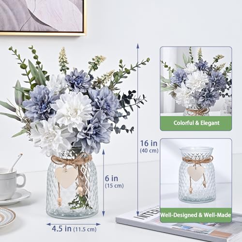 MARTINE MALL Fake Flowers in Vase, Faux Flowers in Vase, Dahlia Artificial Flowers in Vase Centerpiece Table Decorations Artificial Flower Arrangement for Home Dining Room Office Farmhouse, Blue - color: Blue Dahlia