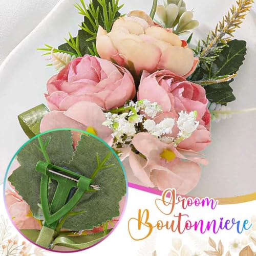 Bride Wedding Rose Boutonniere Men's Flower Buttonholes Groomsmans Prom Suit Decoration for Men (Pink) - color: Pink