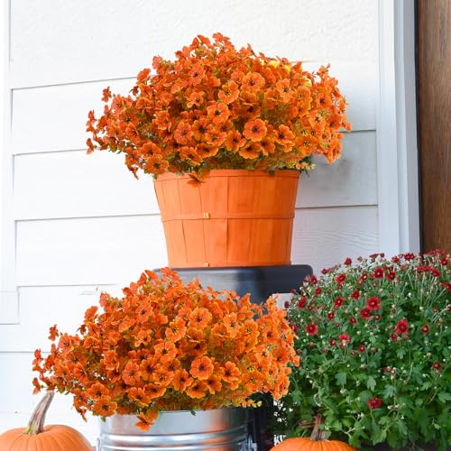 Kingsboomy 12Pcs Artificial Fall Mums Flowers for Outdoors, Fake Faux Plants, Silk Colorful Flowers Eucalyptus Realistic UV Resistant for Outside Home Planter Porch Patio Yard Decor (12, Fall Color) - color: Fall Color
