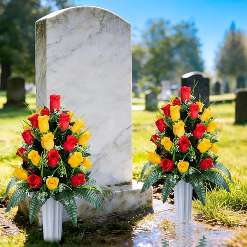 XONOR 2 Sets Artificial Cemetery Flowers, Grave Decorations Roses, Memorial Flowers Bouquet with Vase for Grave Cemetery Decoration (Red&Yellow) - color: Red&yellow