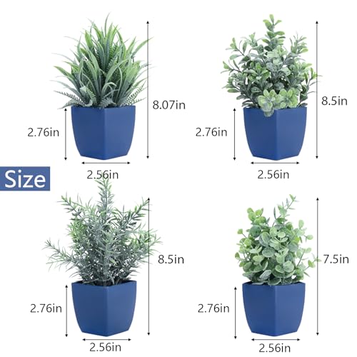 summer flower Set of 4 Fake Plants in Pot Small Artificial Eucalyptus Potted Plant Mini Wheat Grass Ferns Faux Greenery for Home Indoor Office Table Bathroom Farmhouse Decorations Blue - color: Blue-4