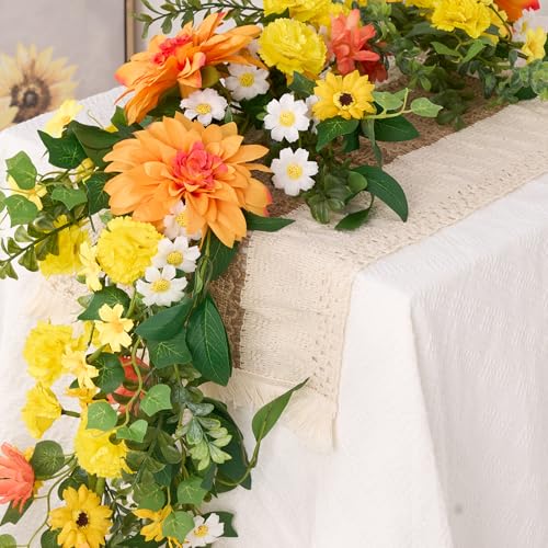 GENMOUS Artificial Dahlia Daisy Flower Garland Decor, 5.3Ft Spring/Summer Fall Garland Floral Garlands for Indoor Outdoor Home Wedding Arch Porch Stair Backdrop Year Round Decor (Yellow Orange)