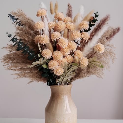 RoseTalk Simulation Flower Decor Luxury Faux Flower Arrangements – Realistic Artificial Flowers with Beige & White Peonies, Dried Pampas Grass, Bunny Tails & Eucalyptus - color: Beige