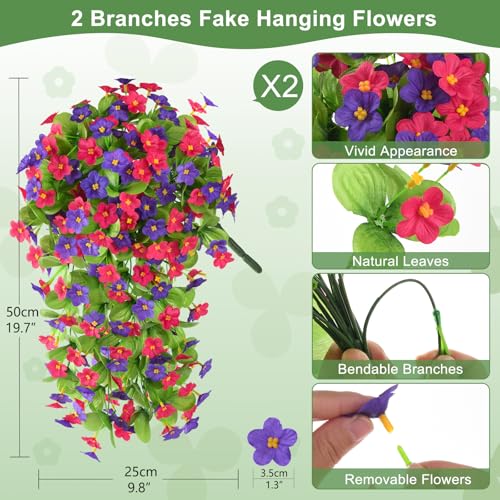 Artificial Fake Hanging Flowers for Outdoors, 2 Pcs Artificial Hanging Plants Outdoors Spring Summer Decor, UV Resistant Faux Violet Silk Flowers for Planters Front Door Yard Garden(Purple Rose Red) - color: Purple Rose Red