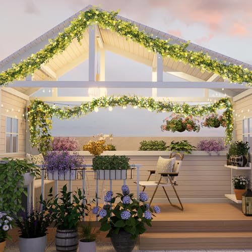 RECUTMS 3 Pcs Green Garland with Lights Fern Hanging Light Fake Hanging Vines Spring Garland with Lights Green Leaf Vines for Spring Home Wall Mantel Party Wedding Fireplace Decoration(Yellow) - color: Yellow With Lights