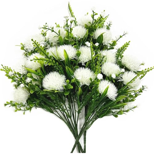 Fake White Dandelion Flowers Simulated Ball Flower Ornaments, Artificial Plant Plastic Faux Greenery Indoor Home Decor Outdoor Garden Wedding Party Christmas Vase Planter Filler DIY Decoration 4 Pack - color: Dandelions - White 4 Pack