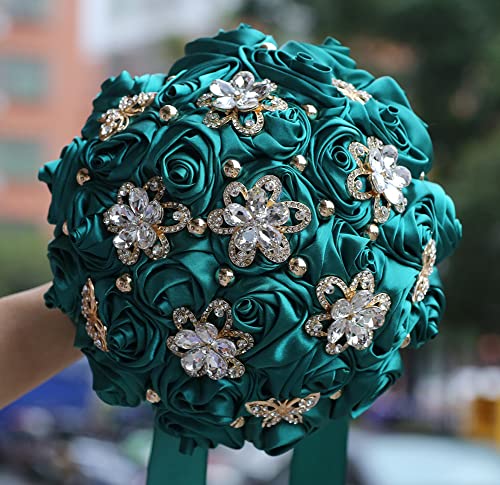 Sharebeauty 7.1" Handmade Satin Rose Bridal Bouquet Toss Round Wedding Bouquet Throw Toss Artificial Flower Bunch Dark Green - color: 809a Dark Green, size: 7.1"/18cm
