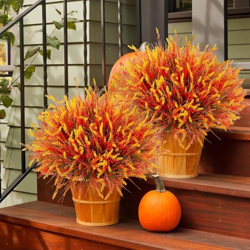 Artificial Fall Flowers Faux Mums Burnt Orange Flowers for Outdoor Planters, Marigold for Vase Table Floral Arrangement for Wedding Home Porch Thanksgiving Outdoor Autumn Decorations (Brown, 12 PCS) - color: Brown