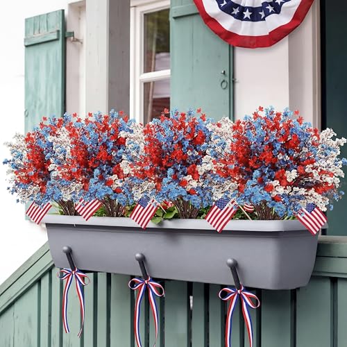Lyrow 48 Pcs Red Blue White Patriotic Artificial Flowers 4th of July Table Centerpieces Decor Fake Babys Breath Pick Stems Floral Arrangement for 250th Anniversary Veterans Day Home Outdoor