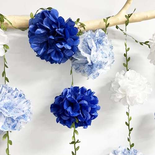 Blue and White Floral Royal Blue Tissue Flowers Pom Pom with Sage Green Leaf Ribbon Hanging Streamer Garland for Birthday Baby Shower Wedding Engagement Chinoiserie Theme Party Decorations Supplies - color: Blue Floral
