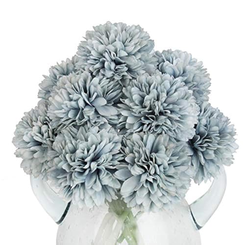 10Pcs Artificial Fake Flower Plants Silk Chrysanthemum Ball Hydrangea Arrangements Wedding Bouquets Decor Home Kitchen Garden Party Table Floral Centerpieces DIY (Grey Blue) - color: Grey Blue