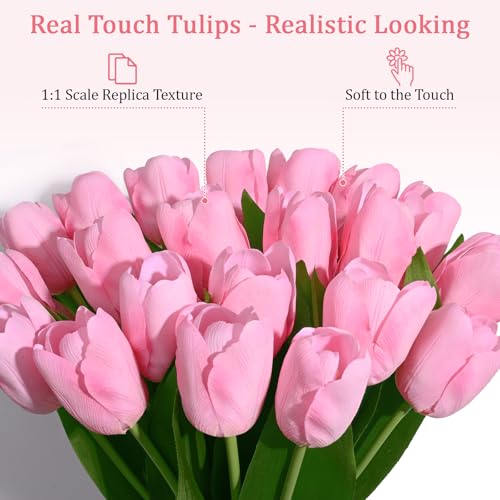 Livole 12Pcs Pink Tulips Artificial Flowers Fake Faux Tulip Flower | Real Touch, Soft Material, 14 Inch, Bendable Stems, for Arrangement Wedding Spring Home Decor Floral Party Centerpiece - color: Pink