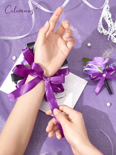 Prom Corsage and Boutonniere Set Purple,Artificial Silk Rose Wrist Corsage for Homecoming, Formal Dance Party, Wedding,Graduation,Anniversary - color: Purple