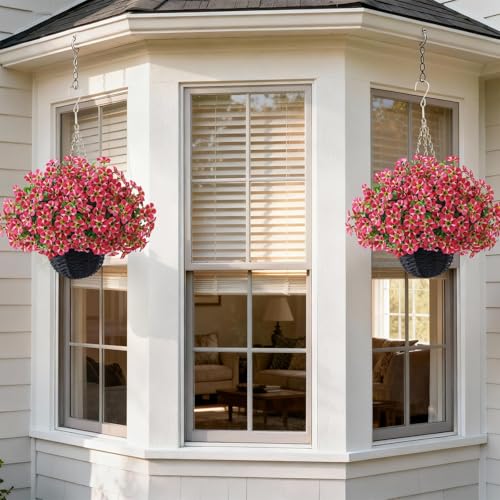 VIERENA 2 Sets Artificial Morning Glory and Eucalyptus Hanging Basket for Outdoor, UV-Resistant Fake Flower Hanging Basket, Suitable for Porch, Aisle, Garden, Patio, Eaves Decor (Rose Red) - color: Rose Red