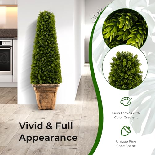 Goplus 3ft Artificial Boxwood Topiary Tree, 2 Pack Cone-Shaped Faux Potted Plants with Cement Flowerpot, Fake Evergreen Artificial Topiary for Indoor Outdoor Home Front Porch Decor