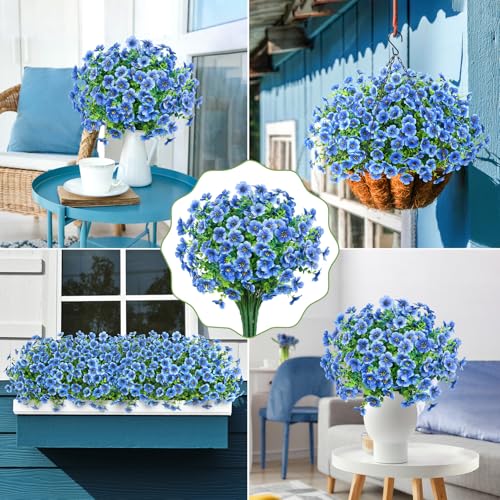 20 Bundles Artificial Flowers for Outdoors Decoration Fake Silk Flowers UV Resistant Faux Plants Artificial Daisy Eucalyptus for Spring Summer Garden Yard Porch Window Home Decor, Blue - color: Blue