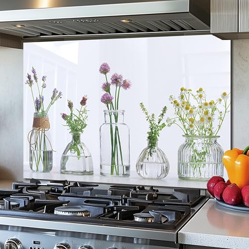 DAIFURONGE Tempered Glass Backsplash for Kitchen,Flowers and Vase, 30"x16" | Behind Stove Back Splash Panel Protector, Easy to Clean, Kitchen Wall Decor,One Piece Oven and Range Backsplash - size: 30"L x 16"W