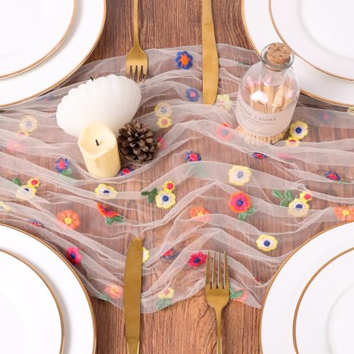 Champagne Embroidery Daisy Gauze Table Runner 10FT Floral Seasonal 120 Inch Sheer Tulle Table Runner Kitchen Dining Wedding Holiday Birthday Christmas Decor for Home Party Decorations - color: Champagne, size: 10 ft × 1 pc