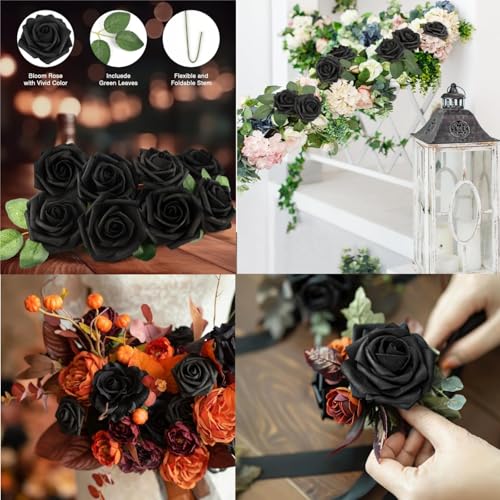 Artificial Flowers Roses with Stems for DIY Wedding Christmas Tree Bouquet Baby Shower Centerpiece Floral Arrangement Party Home Decor Mothers Day Decorations (Black, 25) - color: Black, size: 25