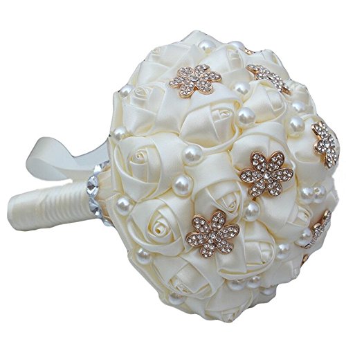 S_SSOY Wedding Bouquet Bride Bridal Brooch Bouquets Bridesmaid Ivory Cream Gold Bouquet Diamond Pearl Ribbon Valentine's Day Confession Party Church with Free Corsage Flower, 15x23cm - size: 15x23cm