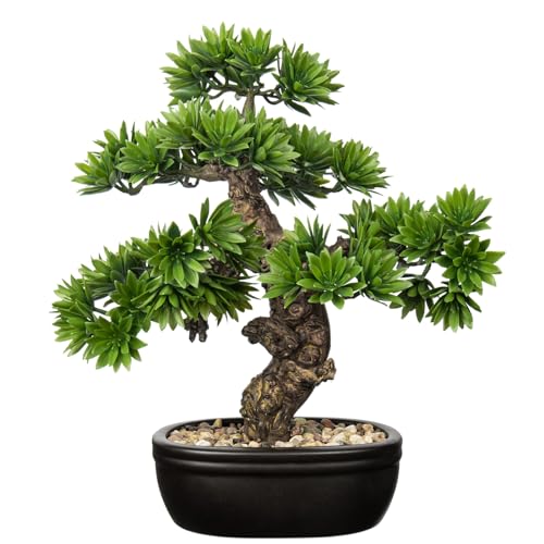 Fake Bonsai Tree Small Bonsai Plant 15.7” Tall Artificial Bonsai Trees with Black Pot Decorated with Pebbles Desk Plant Indoor Bonsai for Home Office Decor - style: Plastic Pot