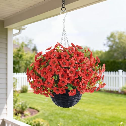 VIERENA 2 Sets Artificial Morning Glory and Eucalyptus Hanging Basket for Outdoor, UV-Resistant Fake Flower Hanging Basket, Suitable for Porch, Aisle, Garden, Patio, Eaves Decor (Red) - color: Red