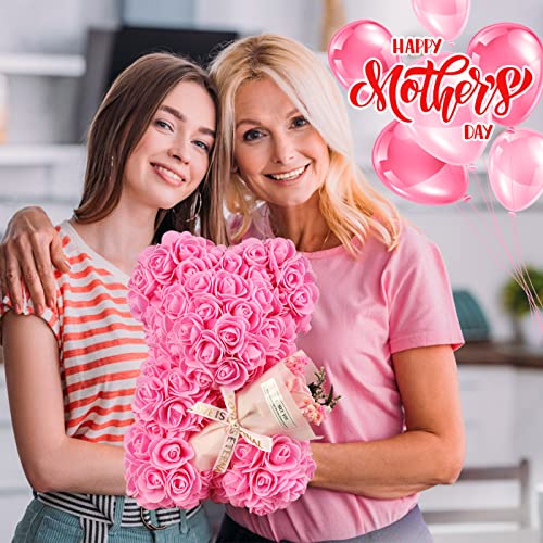 Mothers Day Rose Gifts for Mom Rose Bear Pink Teddy Bear Birthday Gifts for Women Wife Daughter Girlfriend,Flower Bear with Rose Bouquet and I Love You Necklace - color: Pink