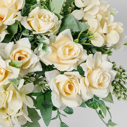 Artificial Flower 4 Packs 5 Branches Silk Fake Flowers Bouquet Small Roses for Wedding Home Office Tables Decor (Champagne) - color: Champagne-1