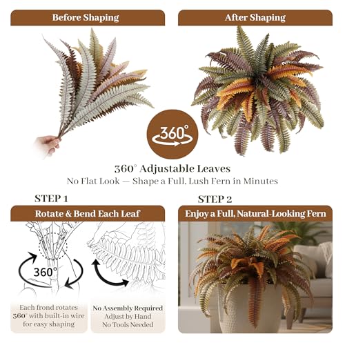KOL Artificial Boston Ferns, Fake Faux Fern Plants 45 Inch 2 Pack, Rust Autumn Color with Bendable Stems for Floor Display, Indoor Outdoor Home Decor, UV Resiatant - color: Autumn Rust Color