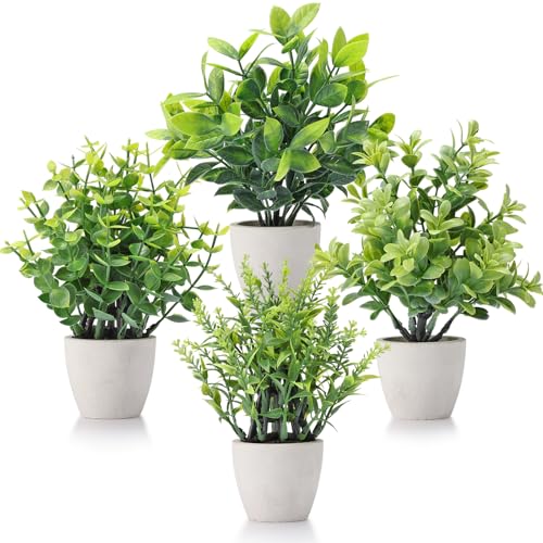 FAVOWREATH 4 Pack Fake Plants Ceramic Mini Artificial Greenery Potted Plants for Home Decor Office Decor Room Decor Farmhouse Decor Indoor Table Bathroom Decor - color: White