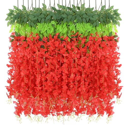 BLEUM CADE 36Pcs Red Fake Wisteria Hanging Flowers, 3.6Ft/Pcs Artificial Wisteria Garland, Hanging Flowers for Wedding Party Home Backdrop Wall Decoration - color: Red, size: 36pcs