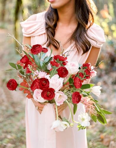 Silk Ranunculus Artificial Flowers 5PCS Long Stem Red Fake Peonies 21.65" Real Look Faux Ranunculus Flowers for Floral Arrangements Home Wedding Party Festival Decor (Red) - color: Red