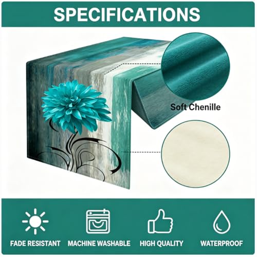 OYIMUA Soft Thick Chenille Teal and Grey Table Runner 72 Inches Long Vintage Abstract Painting Flowers Spring Summer Rustic Dining Table Decorations for Home Indoor Outdoor - size: 13" x 72", Table Runner, style: Teal