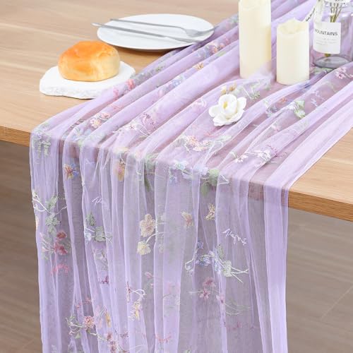 BINBE 3pcs Florals Table Runner Embroidery Gauze 10FT Daisy Seasonal Tulle Birthday Wedding Holiday Kitchen Dining Table Decor for Home Party Purple - color: Purple, size: 10ft x 3pack