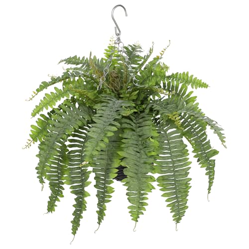 Artificial Fern Hanging Basket Plant 25" Boston Ferns 31 Leaves Greenery Plants with Rattan Pot for Outdoors & Indoor Fake Fern Bush Plant in Pot for Patio Entrance Porch Garden Decor Dusty Green - color: Hanging Basket - Dusty Green Medium 2