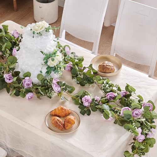 PONKING Flower Garland Artificial Rose Vine Flowers Hanging Fake Roses Vines for Wedding Birthday Party Valentines Christmas Room Wall Arch Decor, 2 Purple Floral Garland Decorations - color: 2" Flower Purple Vines 5.4ft