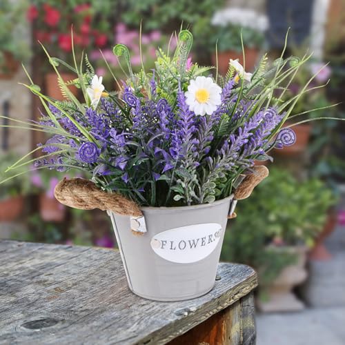 Artificial Lavender Plant 10" Purple Flowers with White Daisy in Galvanized Pot - Farmhouse Decor for Home Living Room Bedroom Bathroom Coffee Table - color: Lavender Flowerr With White Daisy