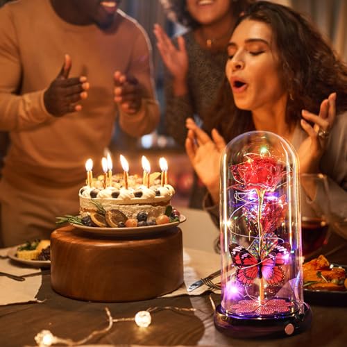 Mothers Day Rose Gifts for Mom Birthday Gift, Rechargeable Galaxy Glass Rose in Glass Dome Eternal Crystal Flower Butterfly Gift Mother's Day Flowers Gifts for Women Mom Wife Grandma Daughter Red - color: USB-E Red