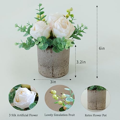 Small Artificial Burnt White Rose Potted Plant, 6" Fake Silk Flowers in 3" Cylindrical Pot, Mini Faux Floral Arrangement for Desk Shelf Bathroom Decor - color: Burnt White