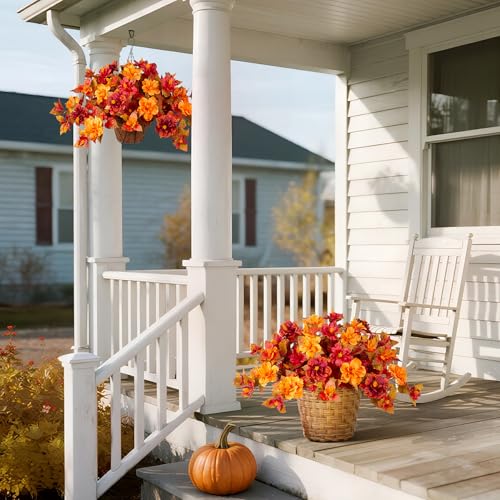 INXUGAO Fall Flowers Artificial for Outdoors Decoration, 2PCS Fake Fall Flowers for Outdoor Planters, Autumn Faux Hibiscus UV Resistant No Fade for Home Porch Patio Garden Balcony Yard Indoor Decor - color: Hibiscus Za-red Orange Yellow