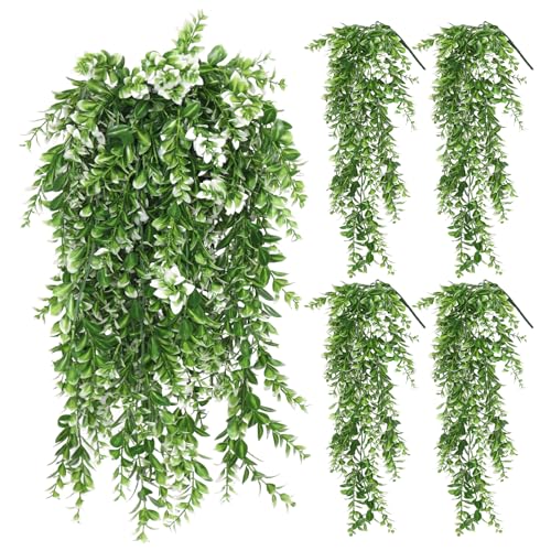 RECUTMS Artificial Hanging Leaves Plants 4Pcs Indoor Fake Vines Ivy Leaves Plastic Greenery Resistant Plastic for Wall Wedding Party Porch Garden Decoration(White) - color: Style2-white