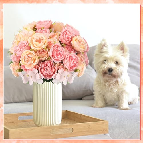 Geosar 8 Bundles Artificial Peonies Flowers Fake Silk Peony Bouquet Faux Peonies Flowers Bulk for Decoration Vase Floral Arrangements Wedding Party Table (Pink,Yellow) - color: Pink, Yellow