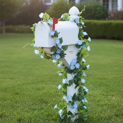 GTIDEA 4Pcs Fake Vines 30Feet Artificial Hanging Morning Glory Flower Garland Blue Faux Vines for Outdoors for Wall Fence Indoor Wedding Decor - color: Blue-4pcs
