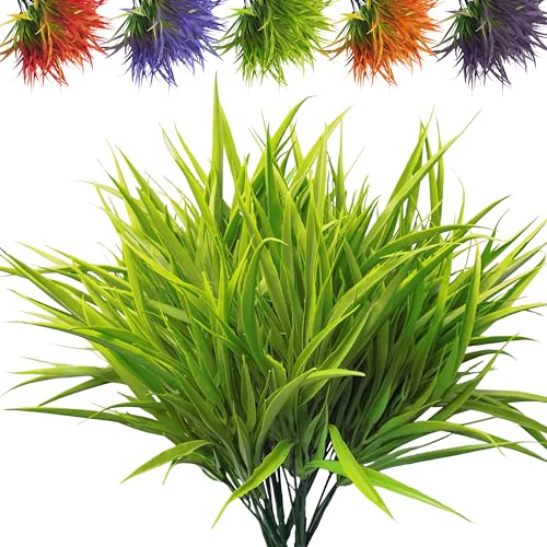Outdoor Artificial Plants 8 Bundles Fake Plants Grass UV Resistant Fake Flowers Bush Greenery,17Inch Tall Faux Grass Shrubs for Home Porch Pathway Garden Décor Outside Indoor (Green) - color: Green