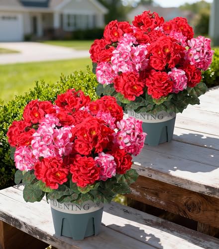 Geraniums Artificial Flowers for Outdoors, 2 Pack Potted Plants Faux Geraniums Bush Artificial Topiaries Realistic UV Resistant Fake Flowers Greenery for Outside Gardens Porch Patio Yard Indoor, Mix - color: 6 Red, 6 Pink