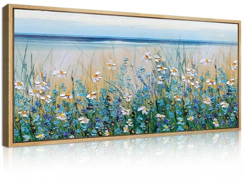 Large Blue Seaside Cyan Floral Wall Paintings Wildflowers Blossom Art Prints Framed Blue Flowers Artwork Floral Wall Art Wildflower Wall Pictures for Living Room Bedroom 20x40 Inch - color: Blue Wildflower, size: 24"L x 16"W