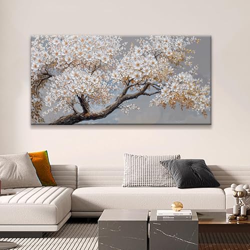 Canvas Wall Art Decor White Flowers On Tree Artwork Wall Decor Living Room Canvas Prints Modern Wall Art For Office Kitchen Canvas Prints Decor 24x48 Inch - color: White Brown, size: 48"L x 24"W