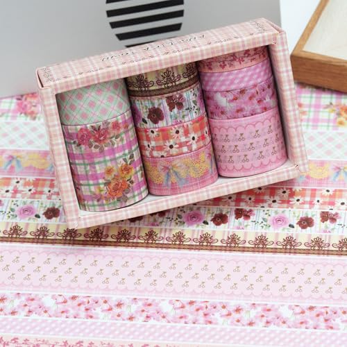 10 Rolls Vintage Floral Washi Tape Set Pastel Plaid Arts Adhesive Tapes Soft Colors Decorative Masking Tape Sets for Craft, Kids, Scrapbook, DIY, Gift Wrapping (Pink Blossom) - color: Pink Blossom