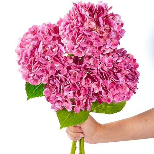 20" 4Pcs Faux Hydrangea Flowers Real Touch Fake Hydrangeas Bouquet Hydrangea Artificial Flowers with Leaves Stems for Centerpiece Arrangements Wedding Party Home Décor (Rose Red) - color: Rose Red