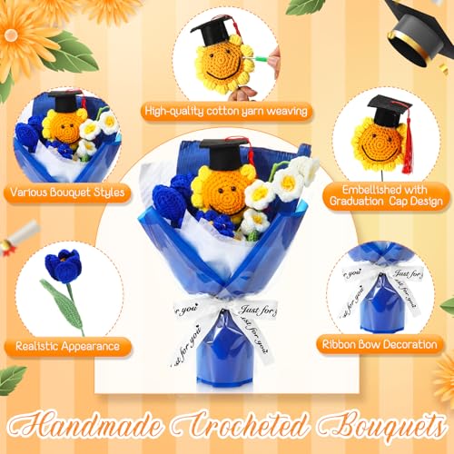 2026 Graduation Crochet Flowers Bouquet Gifts Class of 2026 Graduation Gift for Her Sunflower Mortarboard with Greeting Cards Bag Handmade Knitted Artificial Flowers for Grad(Blue) - color: Blue
